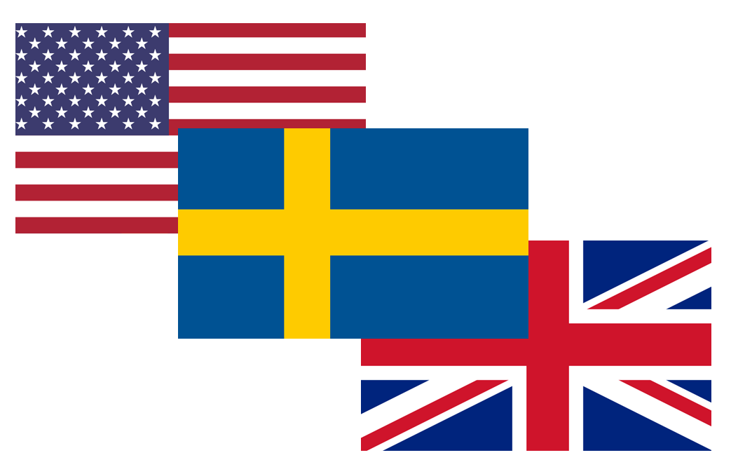 Flags of the United States of America, United Kingdom, and Sweden.