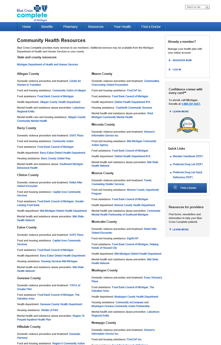 Screenshot of the original Community Health Resources page showing a wall of text making it hard to find the resource you need.